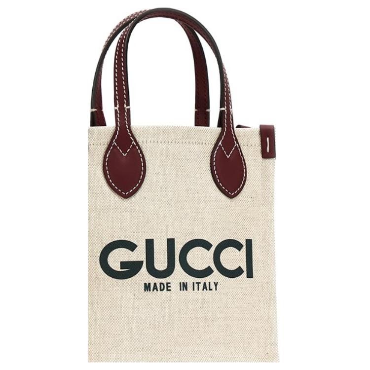 Gucci Print Mini Tote Bag, Beige Linen Canvas Burgundy Leather Trim Printed Logo, Women's Daily Shopping Travel Casual Handbag 799300-FACUL-8574