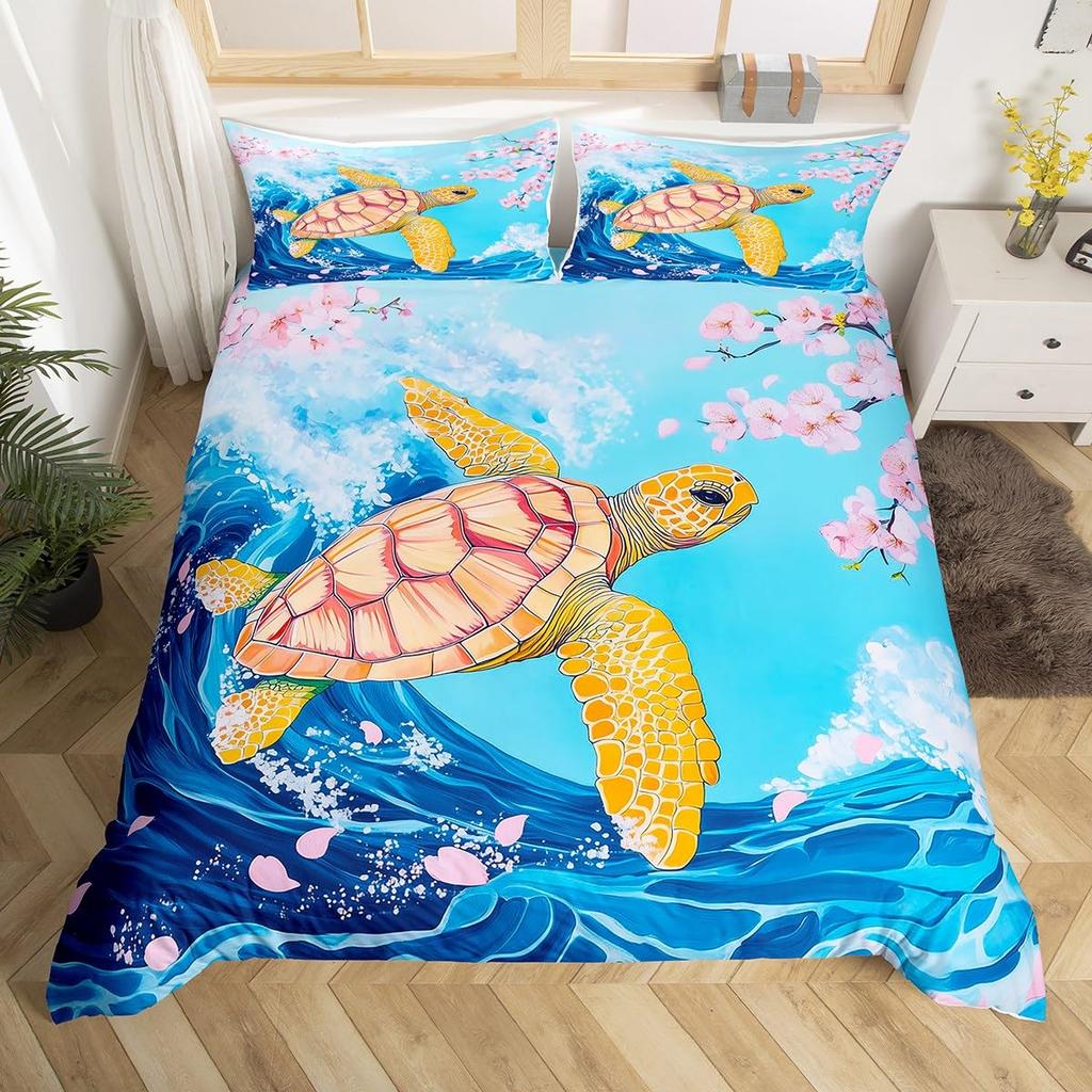 Sea Turtle Duvet Cover 3D Turtle Bedding Set Ocean Marine Theme Comforter Cover For Boys Girls Underwater Animal Pattern Bed Set