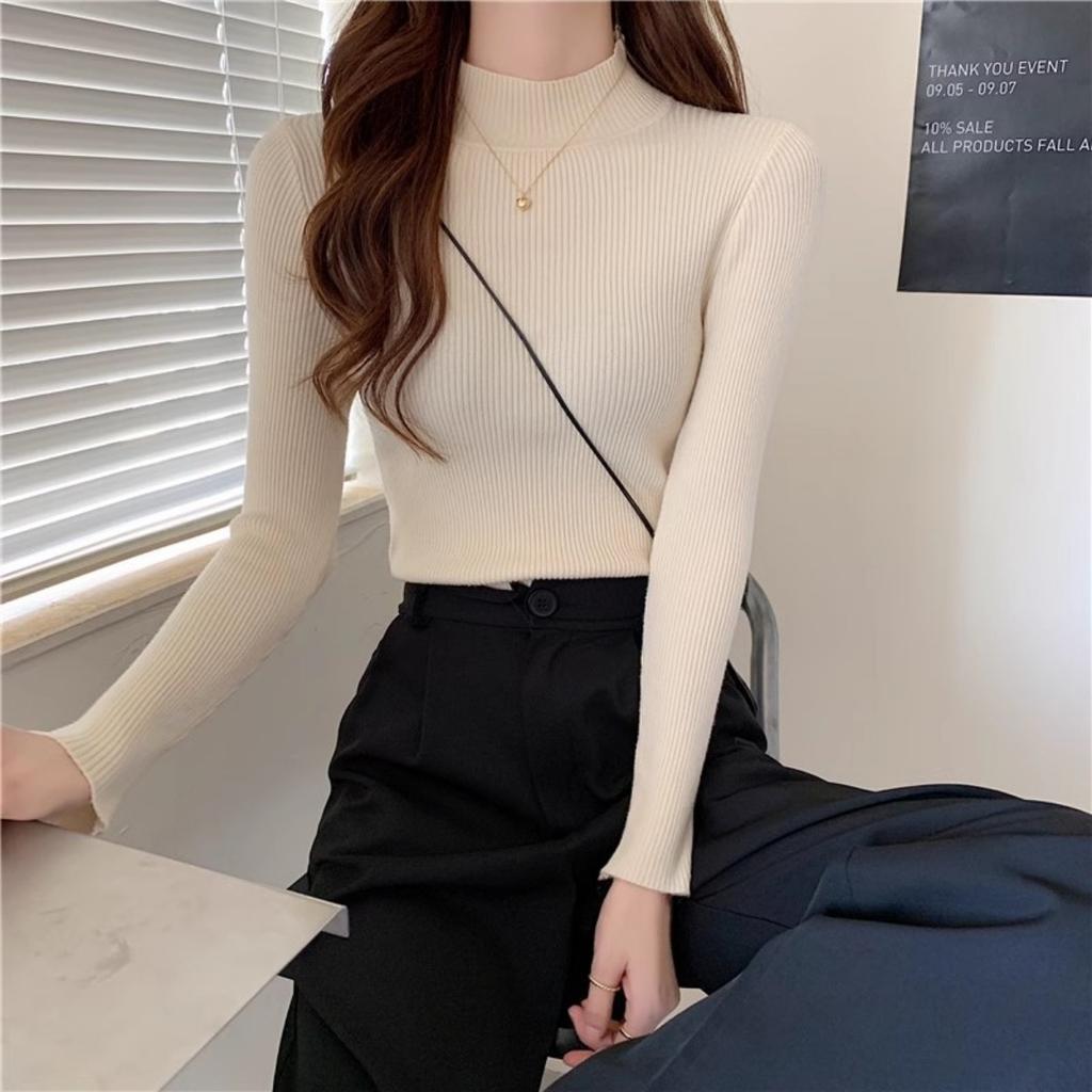 Spring and Autumn Winter Long Sleeve Sweater Women's Interior Tailored Bottom Shirt Half High Collar Korean Edition Knitted Shirt Women's Top