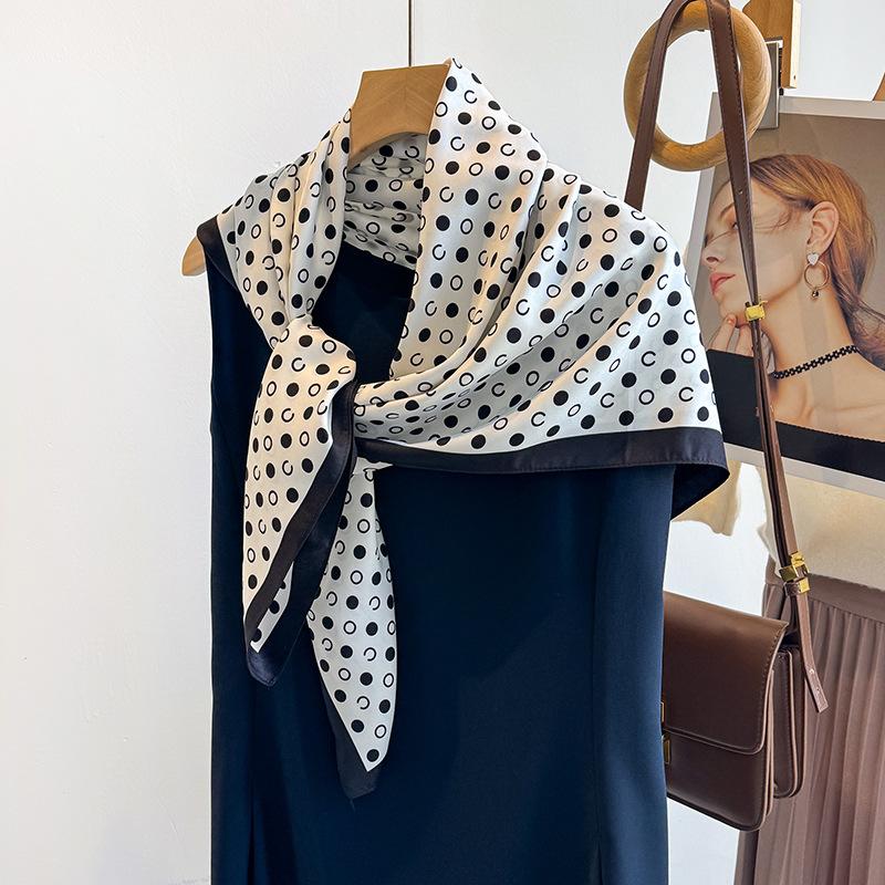 Spring and Summer Simple Fashion Black and White Polka Dot Printed Silk Scarf Japanese and Korean New Women's Fashion Temperament with Twill Shawl