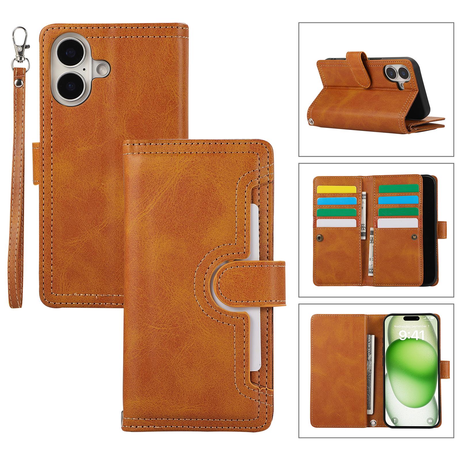 

Для iPhone 16 Чехол Магнитный Кошелек из Спилковой Кожи Защитник Телефона с Ремешком на Запястье Brown