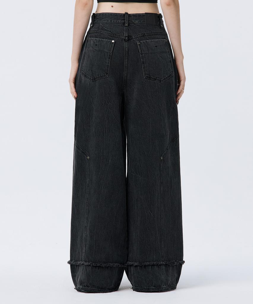 Teulimingbeodeu Turn-Up Wide Denim Pants [ Black ]