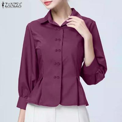 Women Turn Down Collar Casual 3/4 Sleeve Loose Blouse