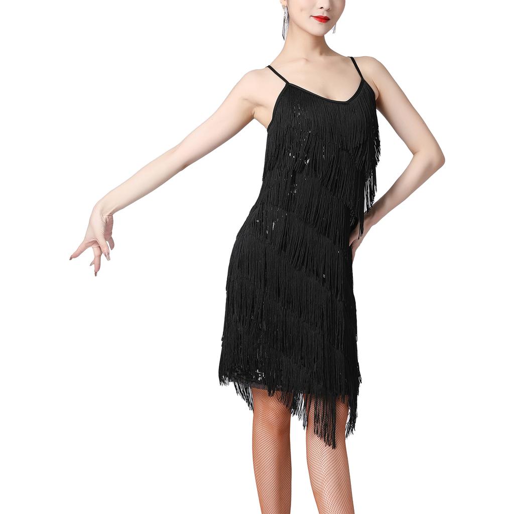 Damen Glitzerndes Pailletten Fransenkleid Samba Tango Lateinischer Tanz Kostüm Verstellbare Spaghettiträger Quastenkleid
