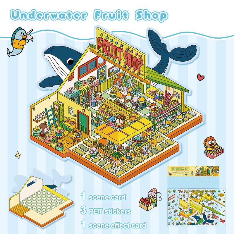 1Set Cartoon Cute Three-Dimensional Miniature Scene Landscaping Stickers Diy Pocket Cabin Scene Game Stickers Festival Gifts