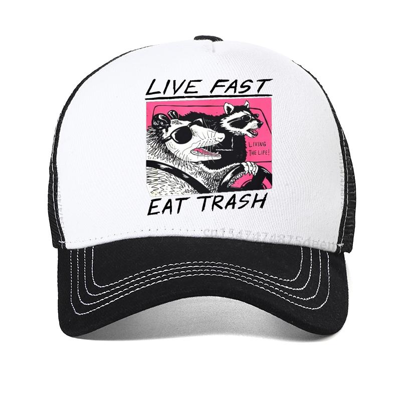 Live Fast! Eat Trash! funny hat Hot Sale New Hip hop hats For Men Cotton Dad Hat summer Mesh Breathable hats