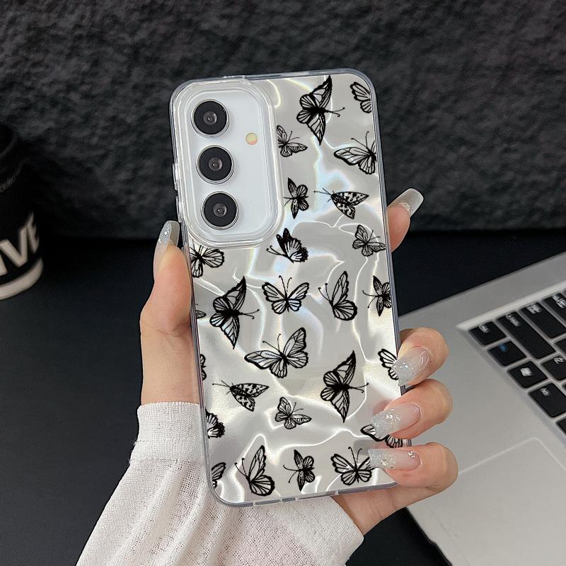 Black Butterfly Print Glitter Glossy Phone Case For Samsung S25 S24 FE S23 Ultra A56 A36 A55 A16 A15 TPU PC Hybrid Shockproof Slim Clear Bumper Cover