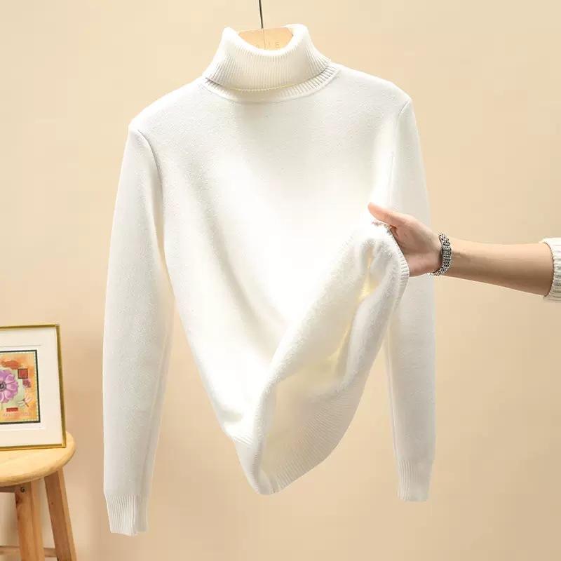 Rolák Zimní Svetr Dámský Elegantní Zesílený Sametová Podšívka Teplý Sueter Pletený Pulovr Slim Top Pletené Oblečení Svetr
