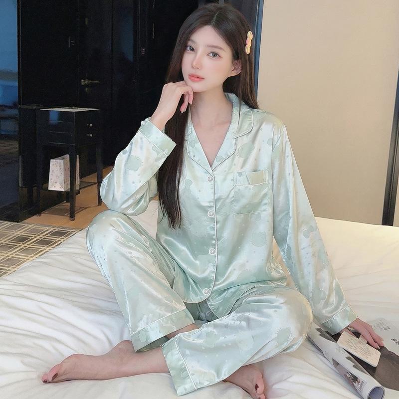 Ice Silk Pajamas Women'S Spring Thin Long-Sleeved Two-Piece Set, Sweet And Cool Loungewear Can Be Worn Outside