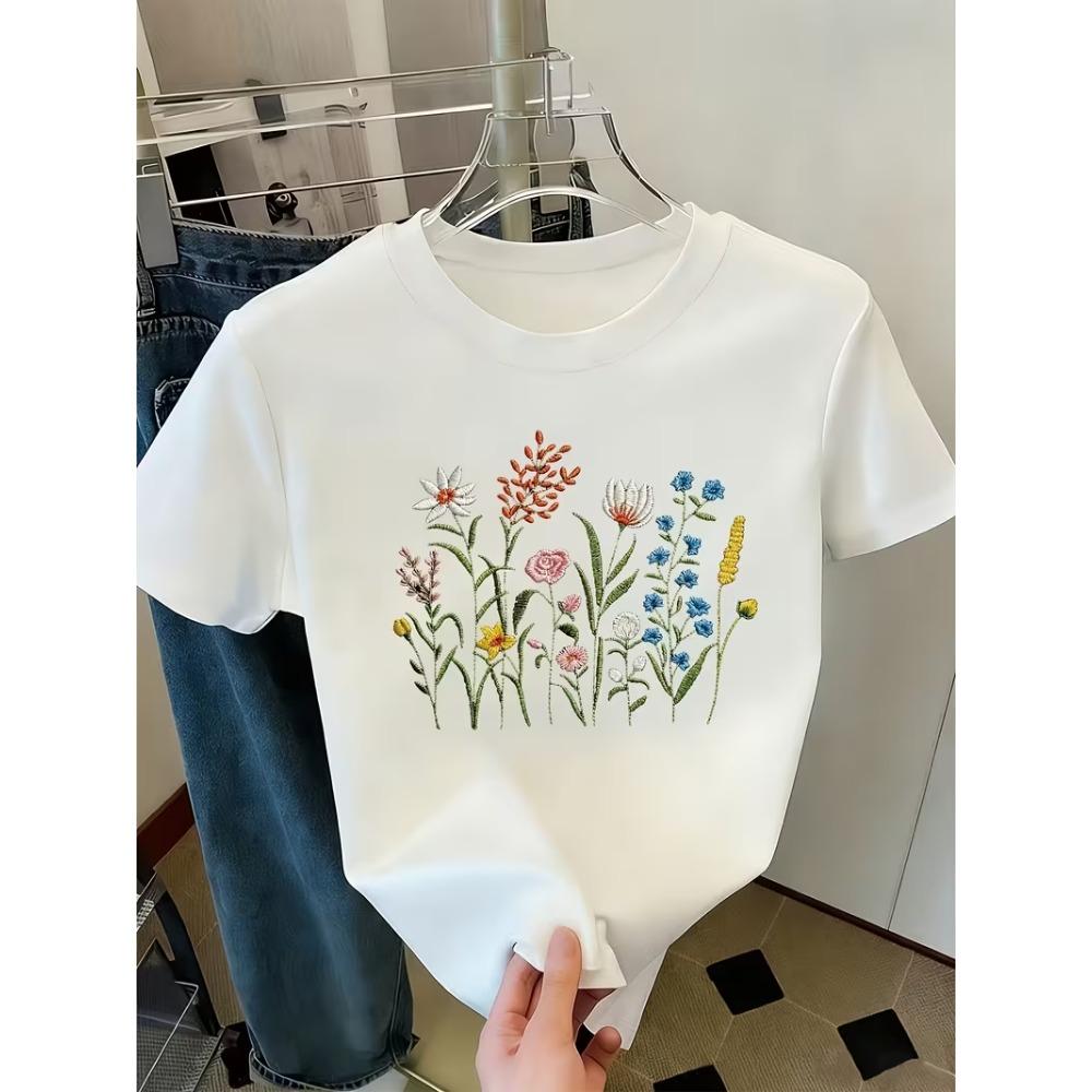 Watercolor Wildflower Bouquet T-Shirt Women’s Crew Neck Short Sleeve Botanical Cottagecore Aesthetic Top