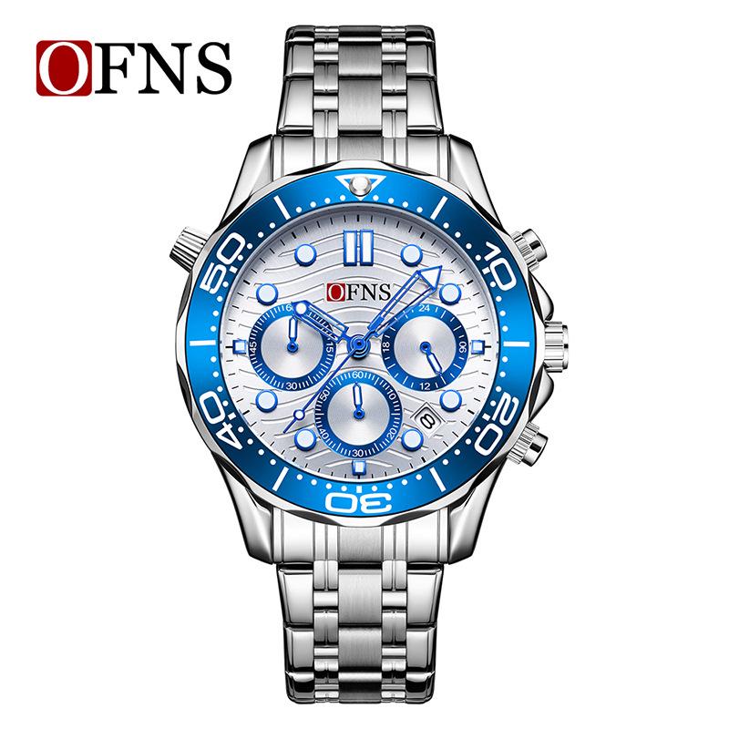 OFNS Men's Retro Waterproof Quartz Watch with Luminous Steel and Rubber Straps, Calendar, and Six-Hand Multi-Function Display.