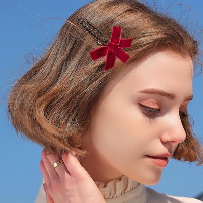 2Pcs Hairpin Velvet Bow Decor Hair Clip with Rhinestones Stable Clamping Force Bangs Hair Pin New Year Hair Accessory