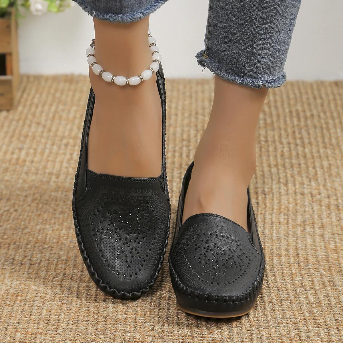 2024 Женская кожаная обувь Осенние элегантные балетки с кристаллами на плоской подошве — фото 3