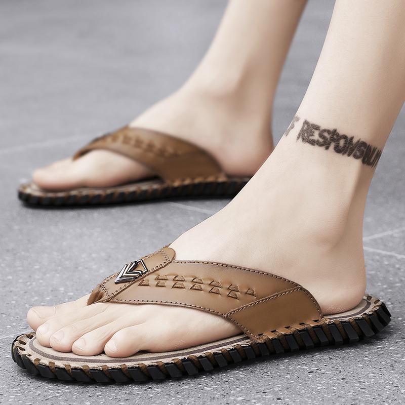 Herrtofflor Platta Tofflor Extra Breda Slip-on Sandaler Utomhus Strand Casual Mjuka Gåskor Lädertofflor Plusstorlek