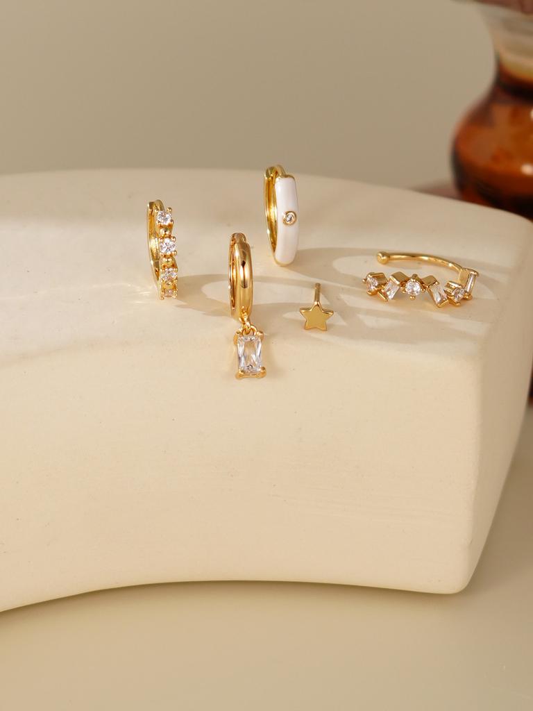 5pcs Exquisite Star Earrings Set Cute Cubic Zirconia White Enamel Ear Clips Jewelry for Women Party Workplace Birthday Gifts