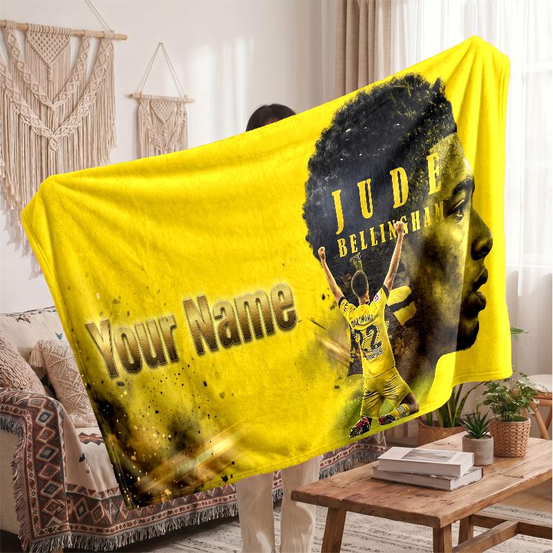Coperta in Pile Personalizzata Jude Bellingham con Logo Calcio, Testo Nome Personalizzato Morbida Calda Coperta da Divano per la Casa