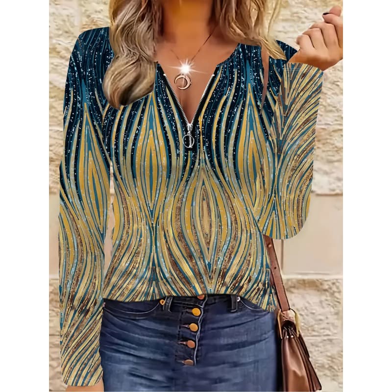 Kadın Yaratıcı Baskılı Fermuarlı Uzun Kollu Tişört, Nefes Alabilen, Yumuşak ve Konforlu, Dört Mevsim Gündelik Giyim İçin Uygundur
