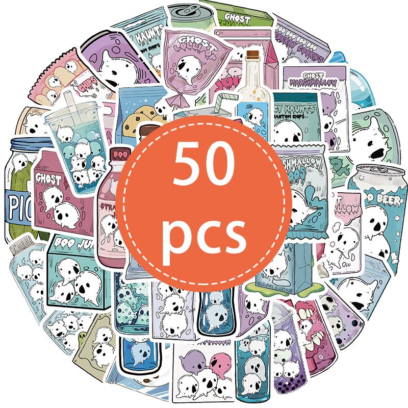 50PCS Retro Halloween Ghost Stickers Cute Ghost Foods Decals Halloween Kawaii Ghost Vinyl Waterproof Stickers for Halloweens