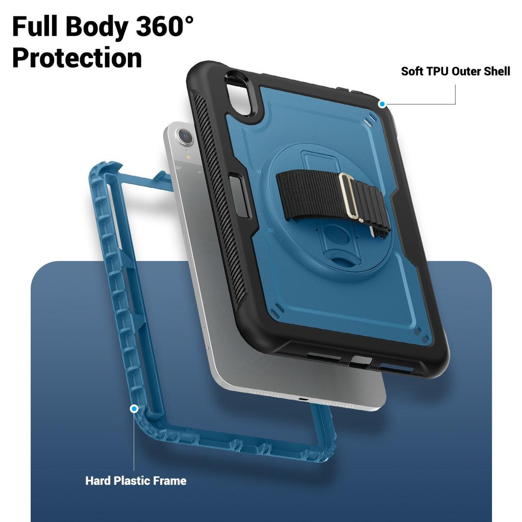 For iPad mini (2024)/(2021) Case Hand Band Kickstand PC + TPU Tablet Cover with Shoulder Strap and Pencil Holder
