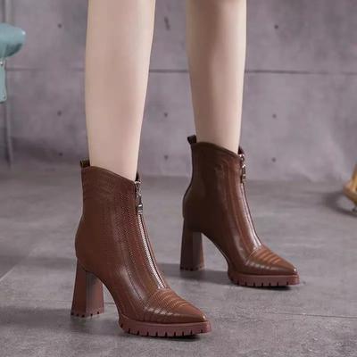 2024 Hot Selling New Women's Fashion Ankle Boots High Heels Thick Sole Stretch Fabric Square Toe Soles Zipper Zapatos De Mujer