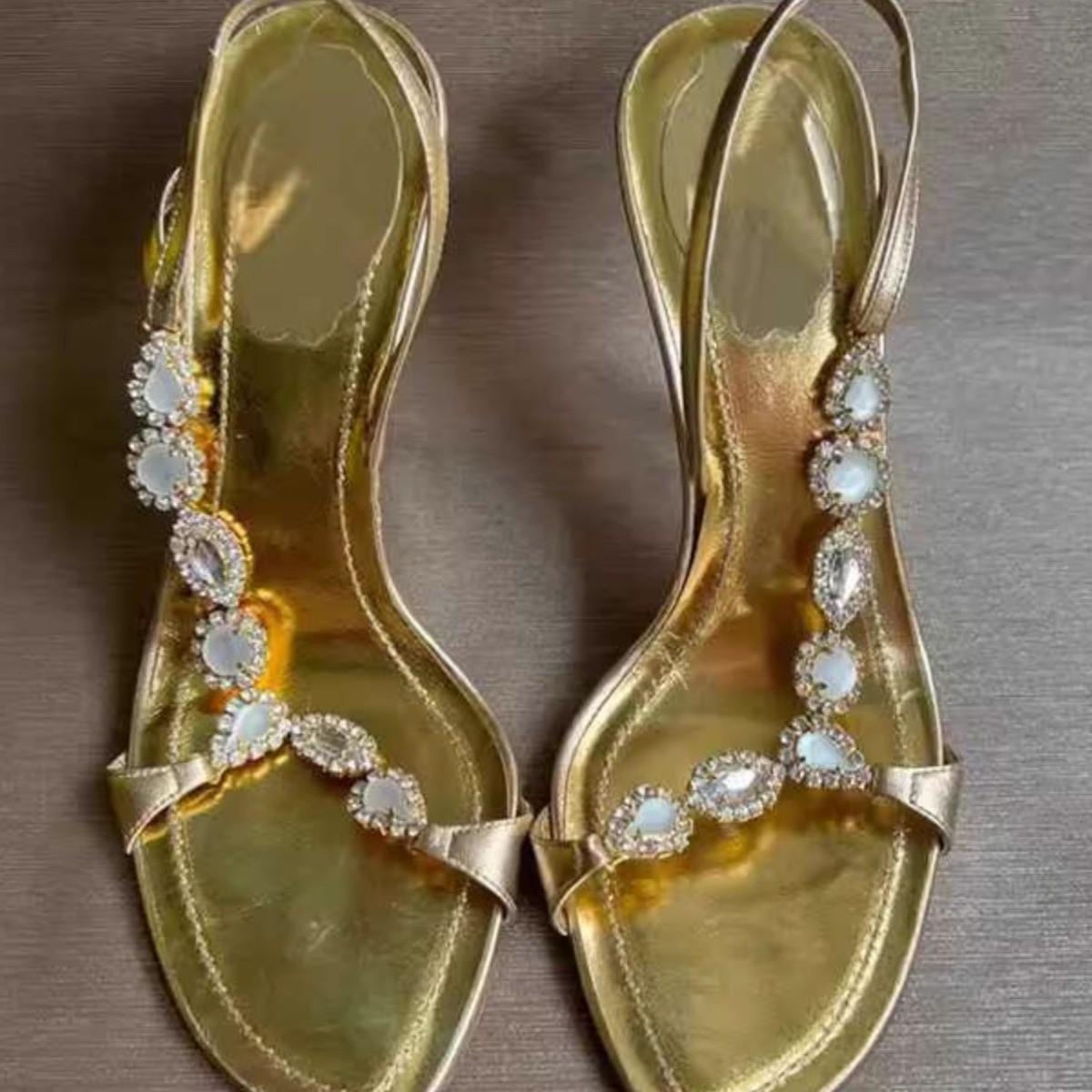

Туфли на высоком каблуке, летние, новые, со стразами, сандалии женские, золотые, на шпильке, с открытым носком, сексуальная юбка в стиле феи 39 золотой