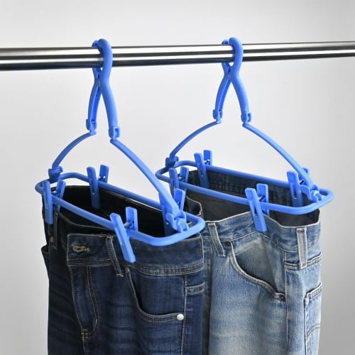 Sawafuji Cheerful Laundry Clothes Drying Rack, Set of 2 Jeans Hangers, Matte Blue, 380mm Wide, with 4 Clothespins, Foldable, Fits Pants and Skirts, Du