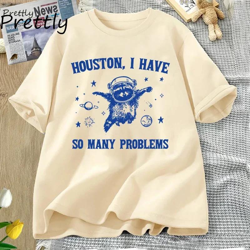 Houston Ich Habe So Viele Probleme T-Shirts Lustiger Waschbär im Weltall Mond Grafik T-Shirts Vintage Baumwolle Kurzarm Damenkleidung