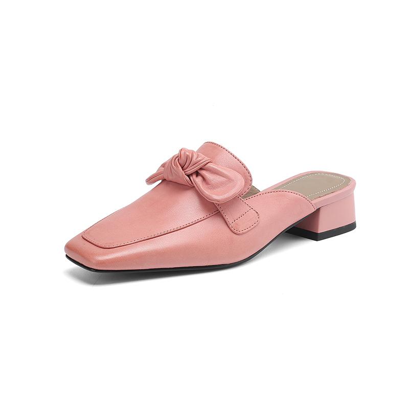 Fashion 2025 Women Shoes Genuine Leather Square Toe Women Sandals Solid Modern Sandals for Women Chunky Heel Bowknot Women's Mules Shoes