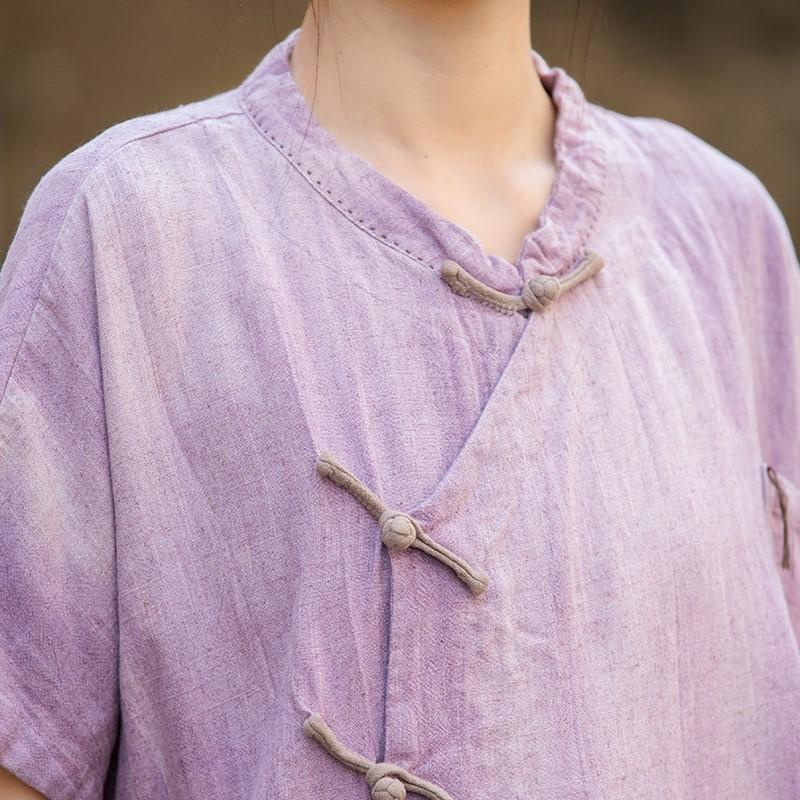 Johnature Women Vintage Shirts Tops O-Neck Bat Sleeve Blouses Summer Solid Color Loose Button Pockets Shirts