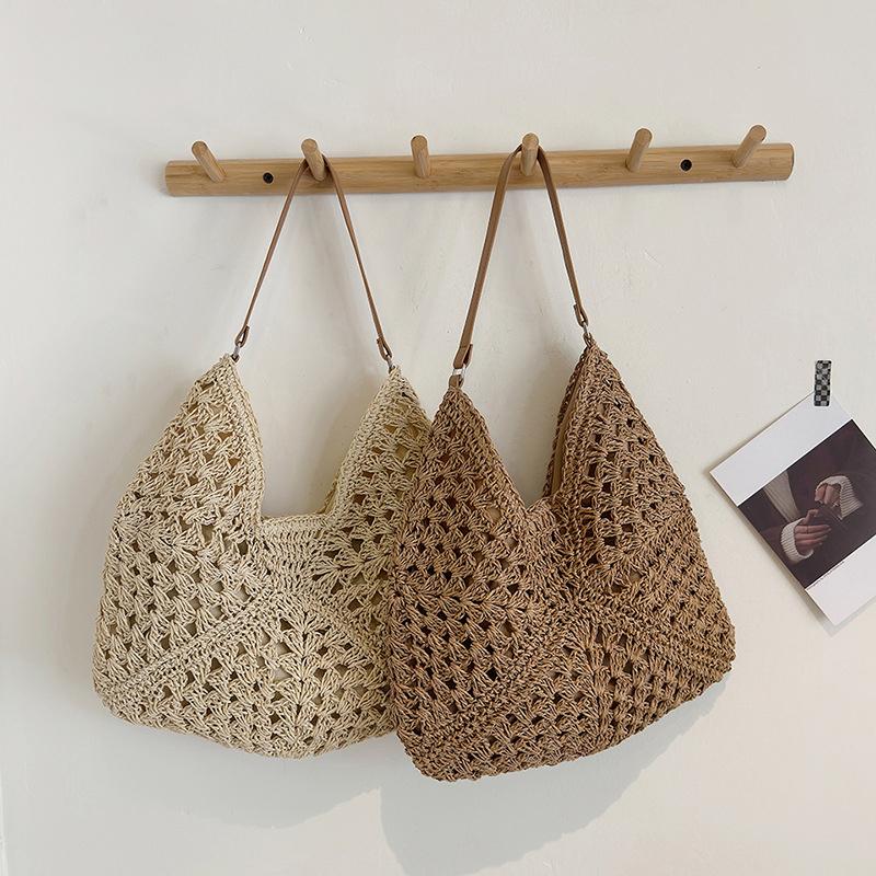 Sommer Stroh Stricktasche Aushöhlen Tragetasche Einfarbig Strand Schultertasche Urlaubsreise Handtasche Boho Schultergeldbörse für Damen