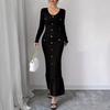 Women's Long-sleeved V-neck Black Row of Buttons Slim Fishtail Dresses