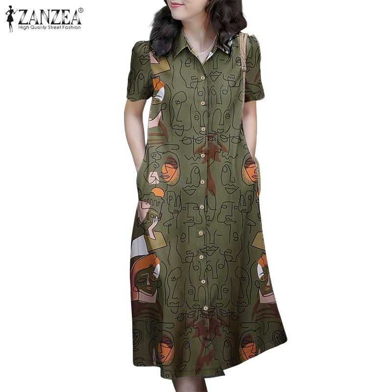 ZANZEA Women Casual Turn Down Collar Short Sleeve Print Dress