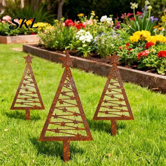 Rust Resistant Metal Stake 3Pcs Rustic Christmas Tree Stake, Weathered Iron Art Xmas Anti-rust Garden Design Decorative Sign for Yard Pathway