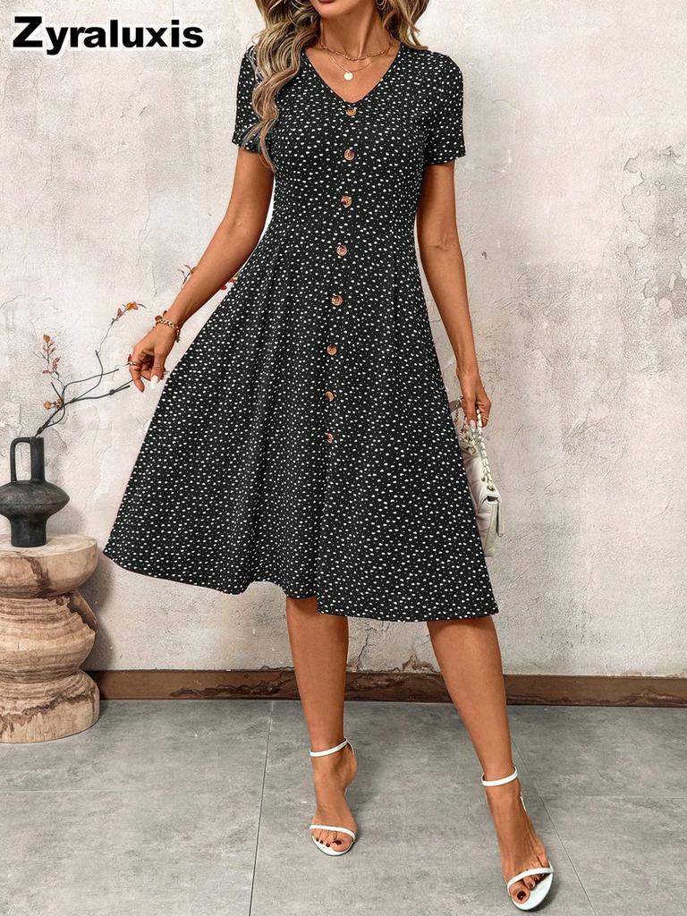 Summer New Fashion Polka Dot Women's Dress Sexy V-Neck Pleated Short Sleeve Floral Dress