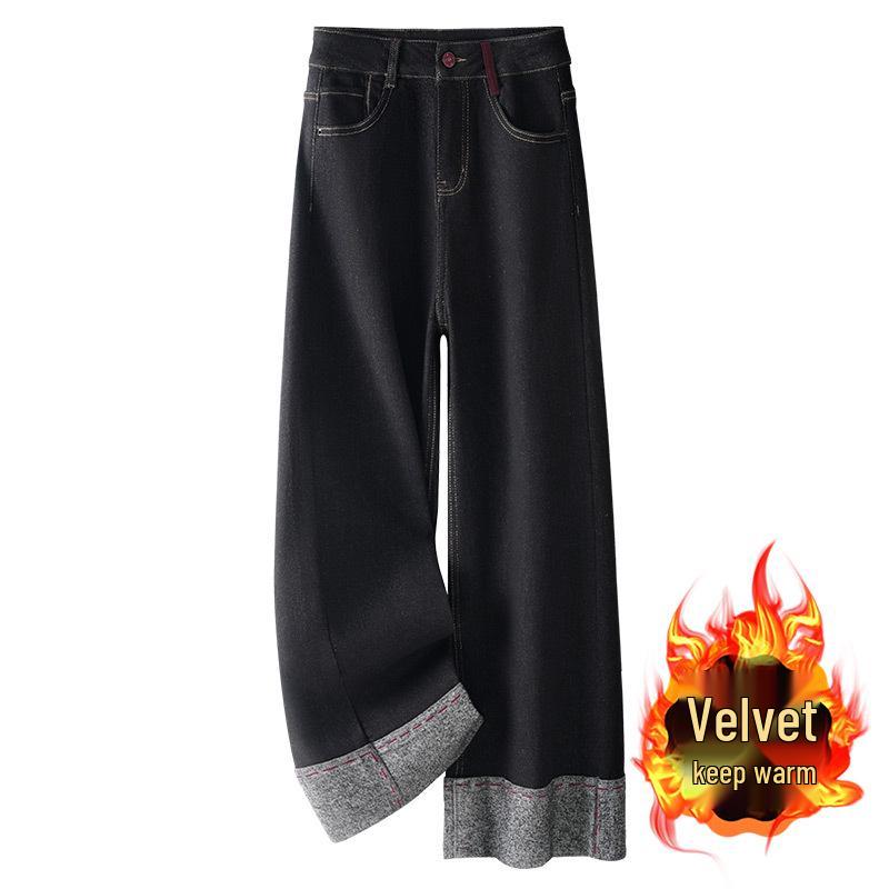 

Женские черные джинсы с высокой посадкой и широкими штанинами на флисовой подкладке - Осень/Зима 2024 Плотные облегающие брюки прямого кроя 2XL чёрный