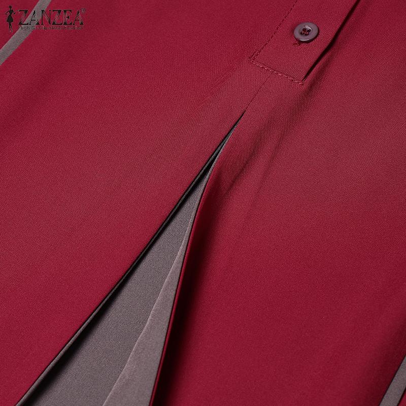 ZANZEA Damen Lässig O-Ausschnitt Locker Langarm Patchwork Langes Kleid