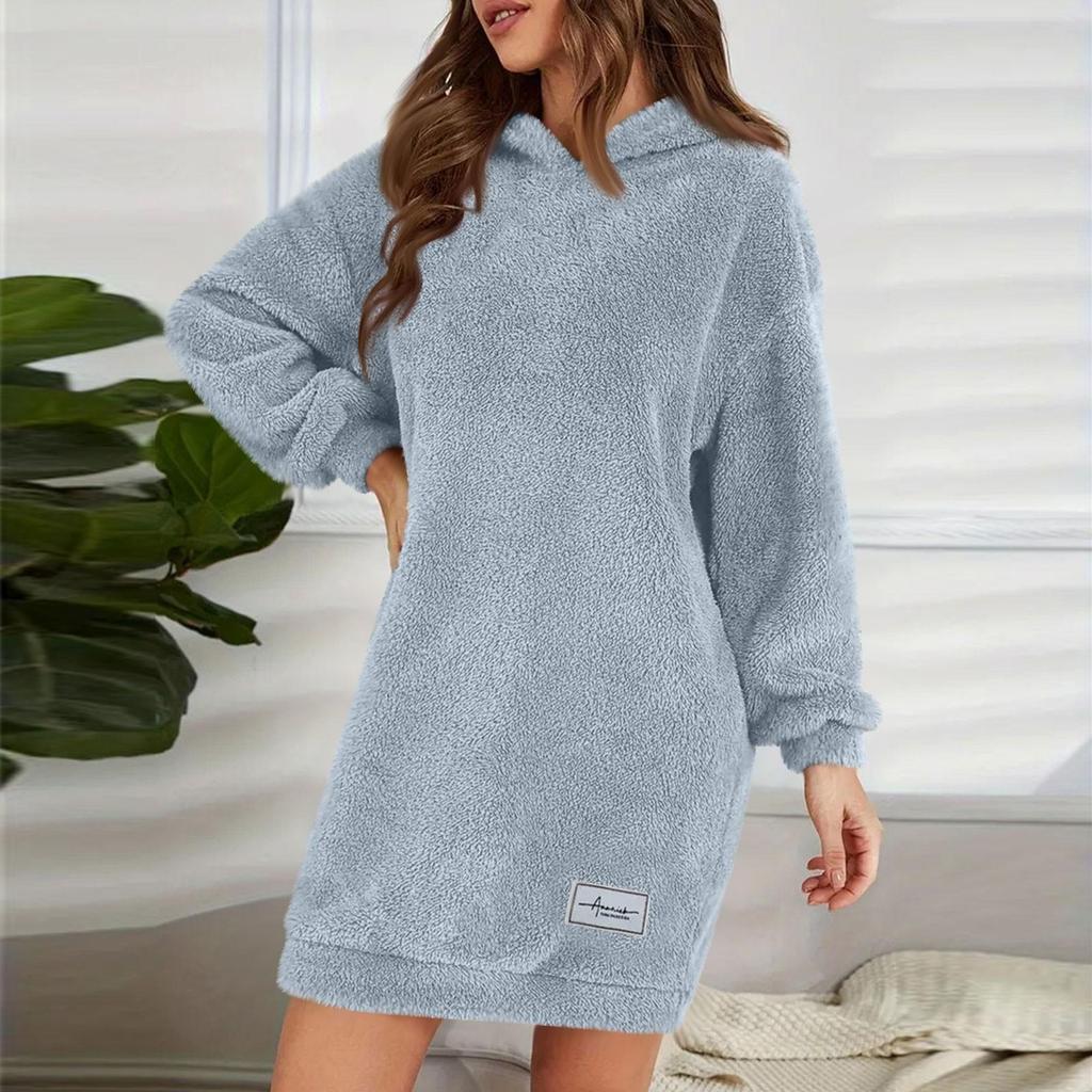 Abito da donna alla moda con cappuccio a maniche lunghe in peluche tinta unita felpa casual