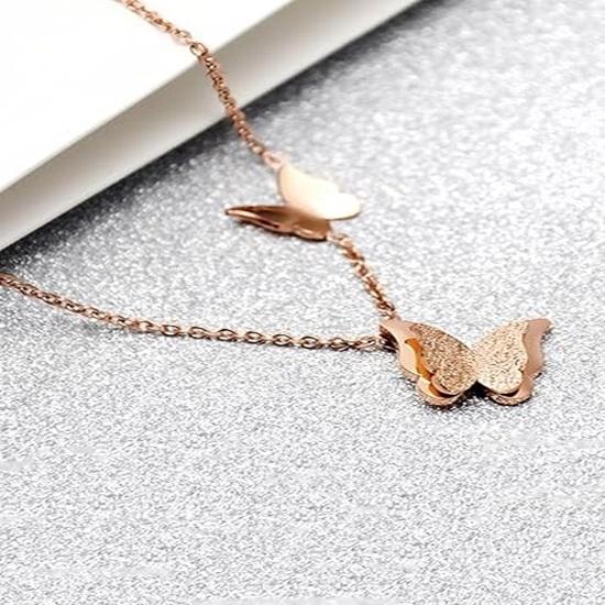 Rose Gold Stainless Steel Dual Butterfly Charm Pendant for Women