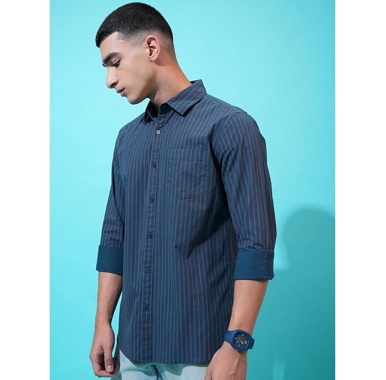Men's Striped Casual Shirt Slim Fit Long Sleeve Poly Cotton Blend