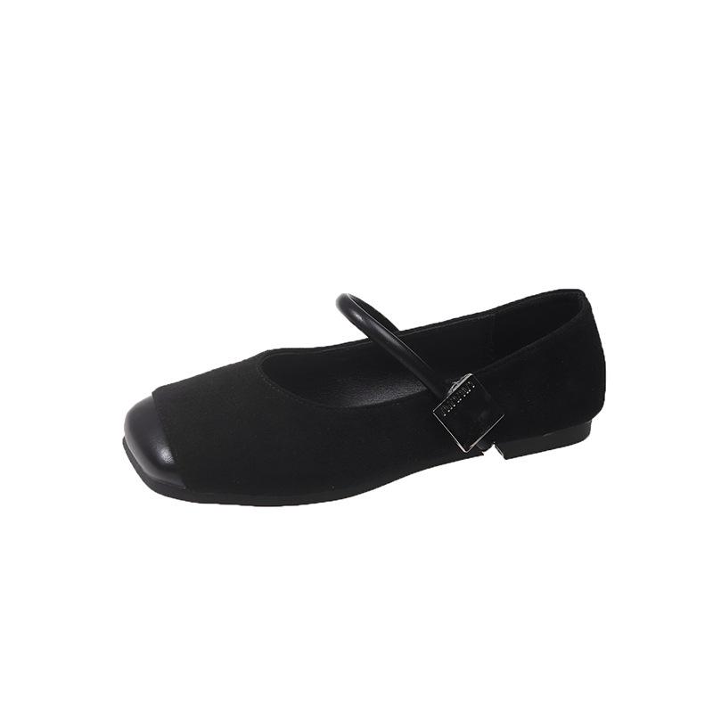 

Туфли женские с квадратным носком и плоским каблуком, неглубокие, весна 2025, новая корейская версия, британская замшевая женская повседневная обувь 40 чёрный