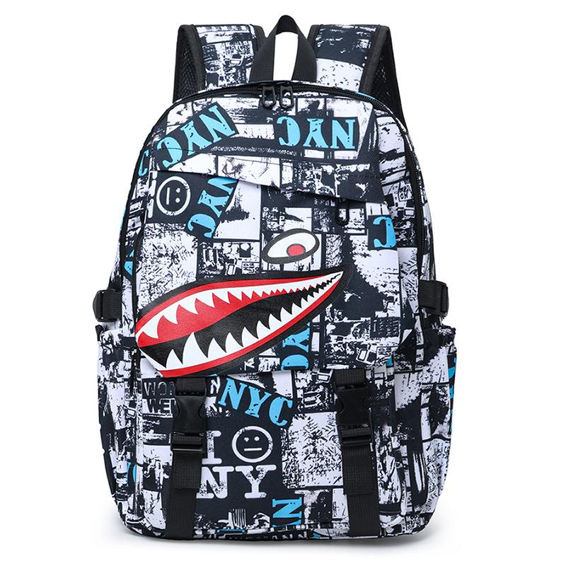 Personalized Graffiti Shark Backpack Korean Version of Male and Female Students Schoolbag Large Capacity Casual Versatile Sports Backpack