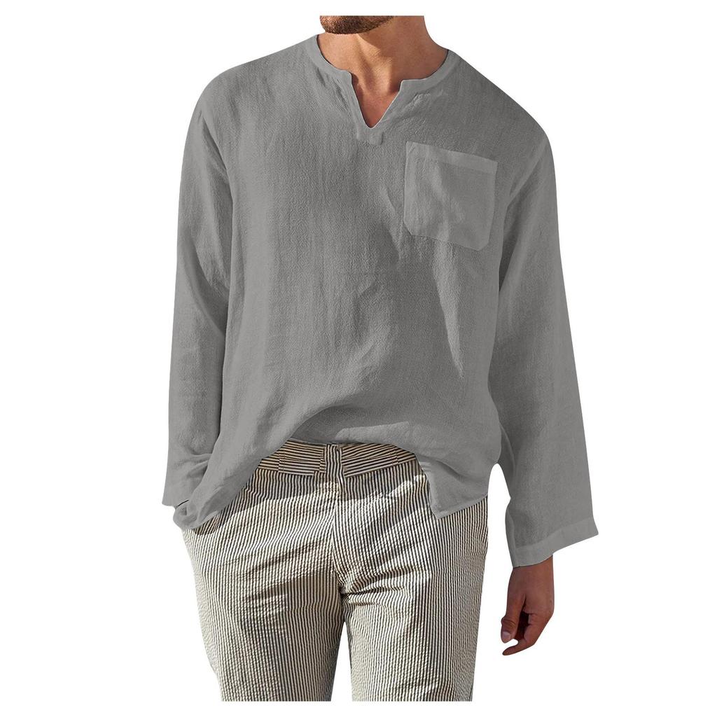Men's Casual Linen Solid Color Long Sleeve Shirts Loose Stand Collar Shirts