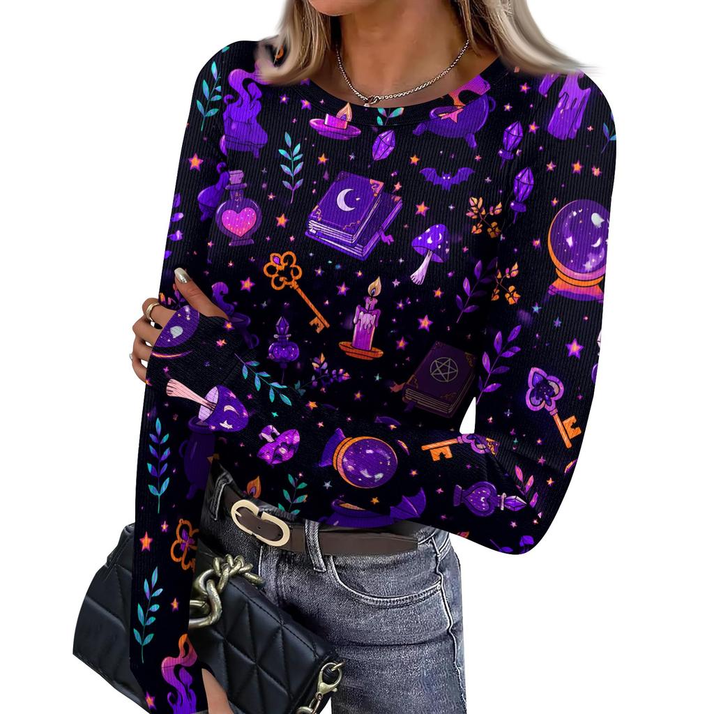 Women's Slim Fit Long Sleeve Halloween Printed T-Shirt with Thumb Holes Neck Pullover Base Layer