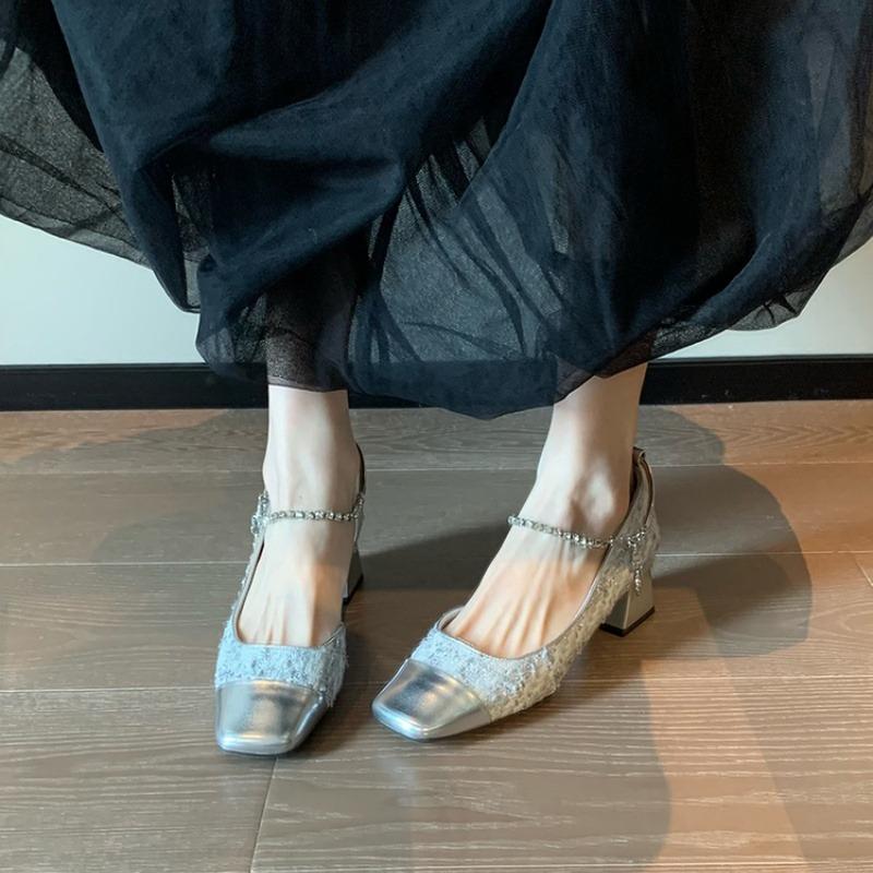 Fashion 2025 Brand Ladies Shoes Shallow Women's High Heels Fashion Bling Square Toe Dress Pumps Women Best Seller The Chain Mary Janes
