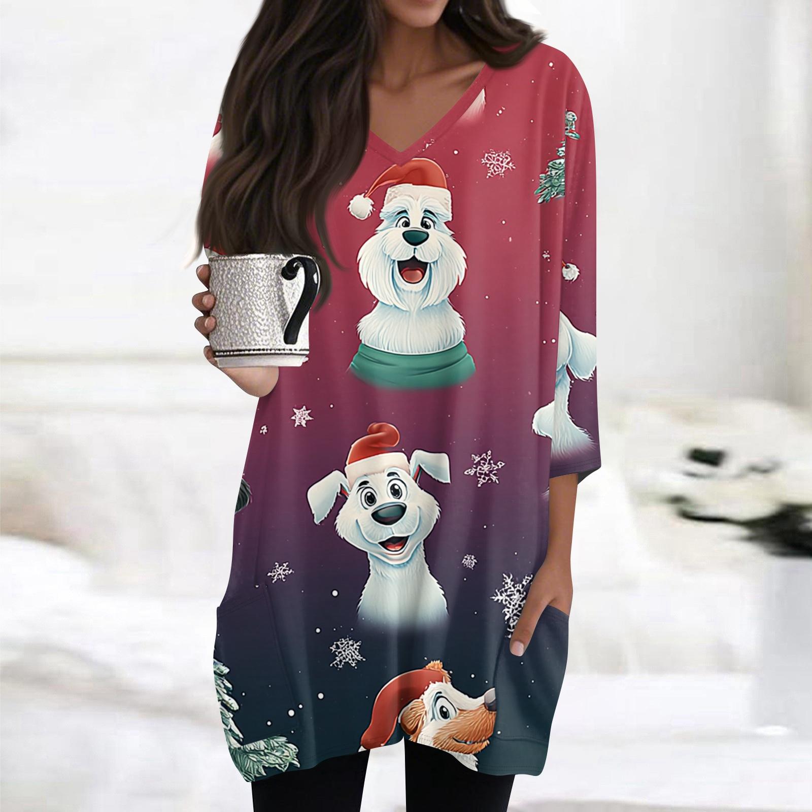 

Женские топы с V-образным вырезом и рукавом 3/4, повседневные блузки средней длины, модные туники с рождественским принтом и карманами S