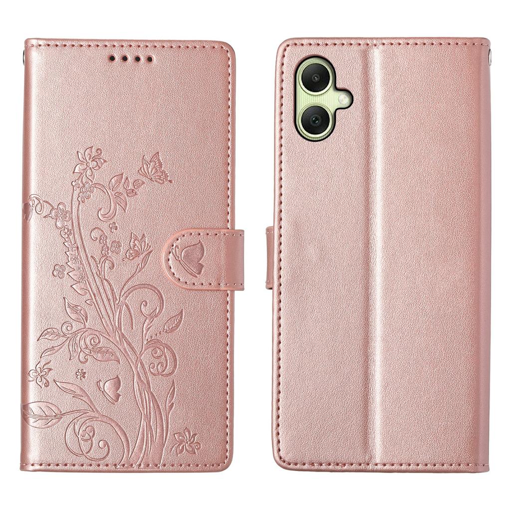 For Samsung Galaxy A06 5G/4G Wallet Case Butterfly Floral Imprint PU Leather Phone Cover with Wrist Strap