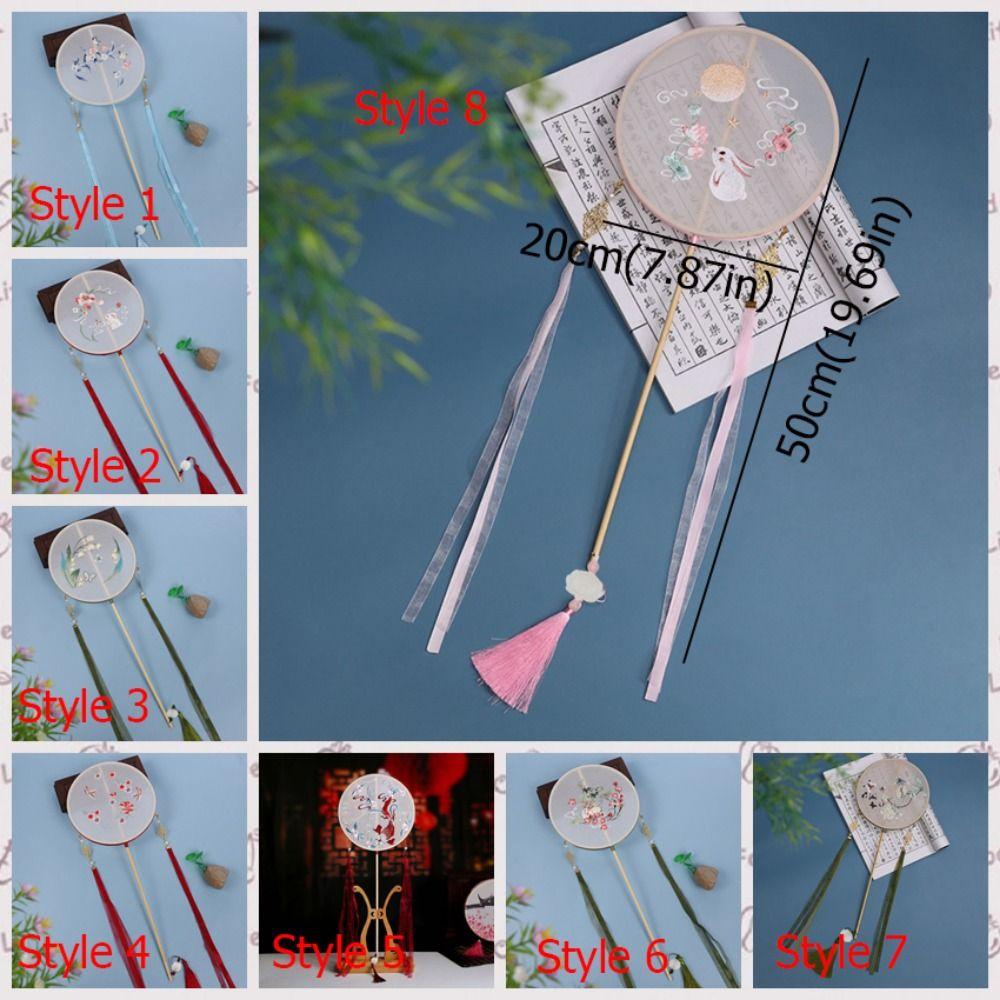 Embroidered Chinese Style Round Fan Classical Hanfu Hand Fan Long Handle Silk Fan  Female Costume