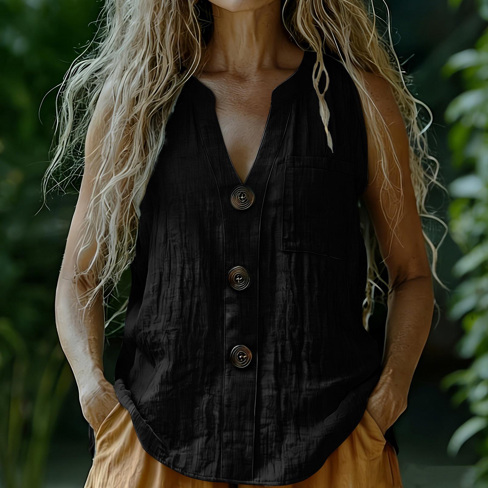 

Women s Color Loose Casual Cotton Linen V-neck Fashionable Mid Sleeved Shirt Top M чёрный