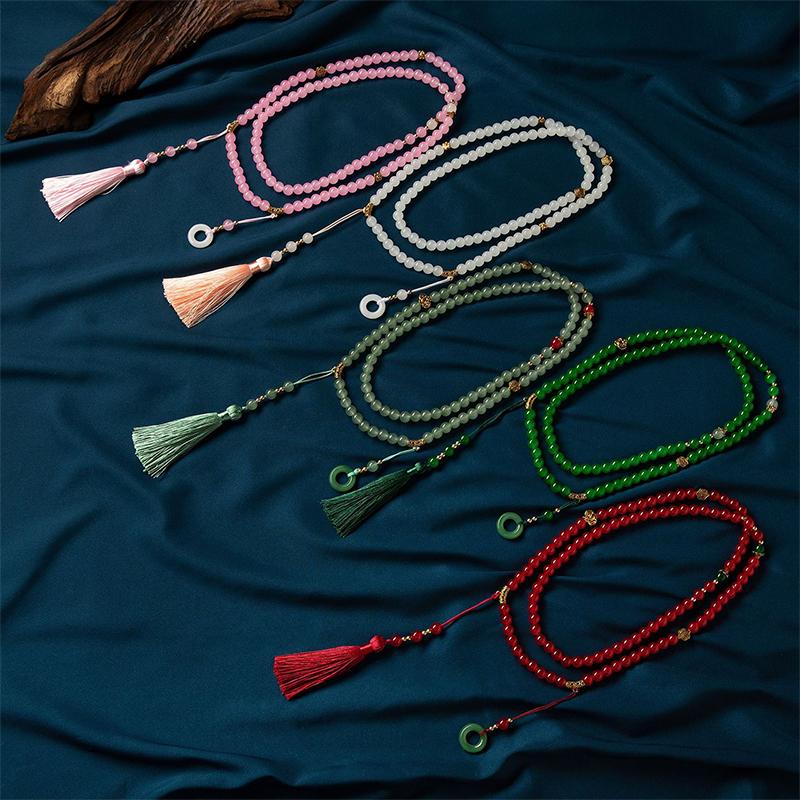Retro Ethnic Style Necklace Chinese Style Beaded Tassel Choker Natural Stone Prayer Necklaces Women Cheongsam Necklace Jewelry