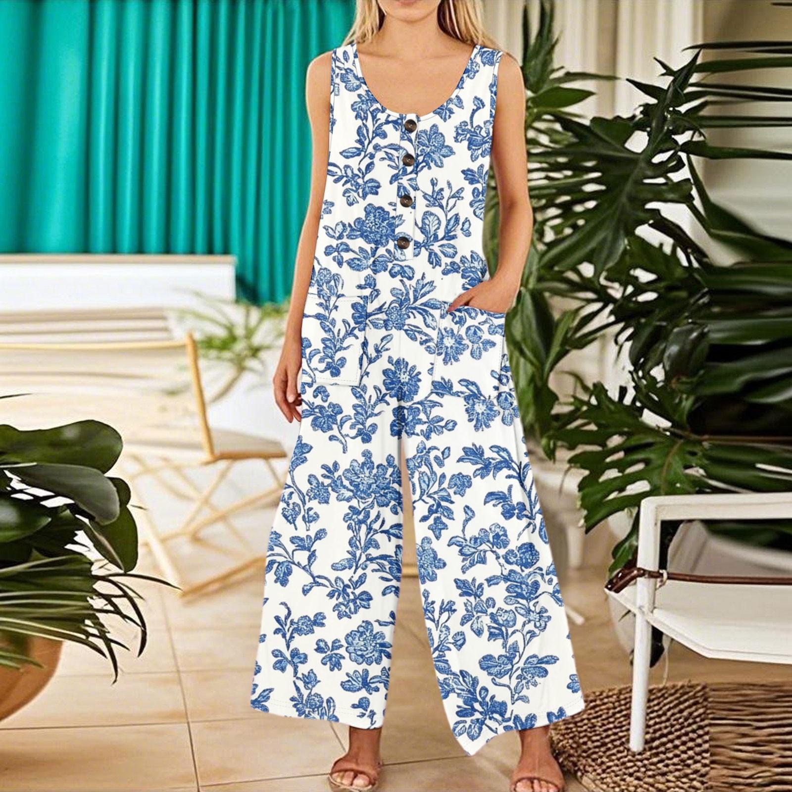 

Women s Fashion Casual Button Sleeveless Jumpsuit Floral Flower Print Cotton Pocket Jumpsuit L